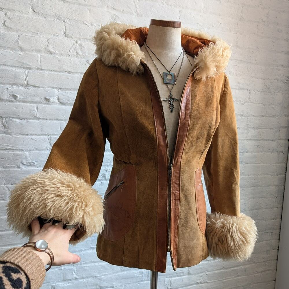 Vintage Leather Penny Lane Jacket Faux Fur Furry 70s Afghan Tapestry Trench Coat - Picture 11 of 16